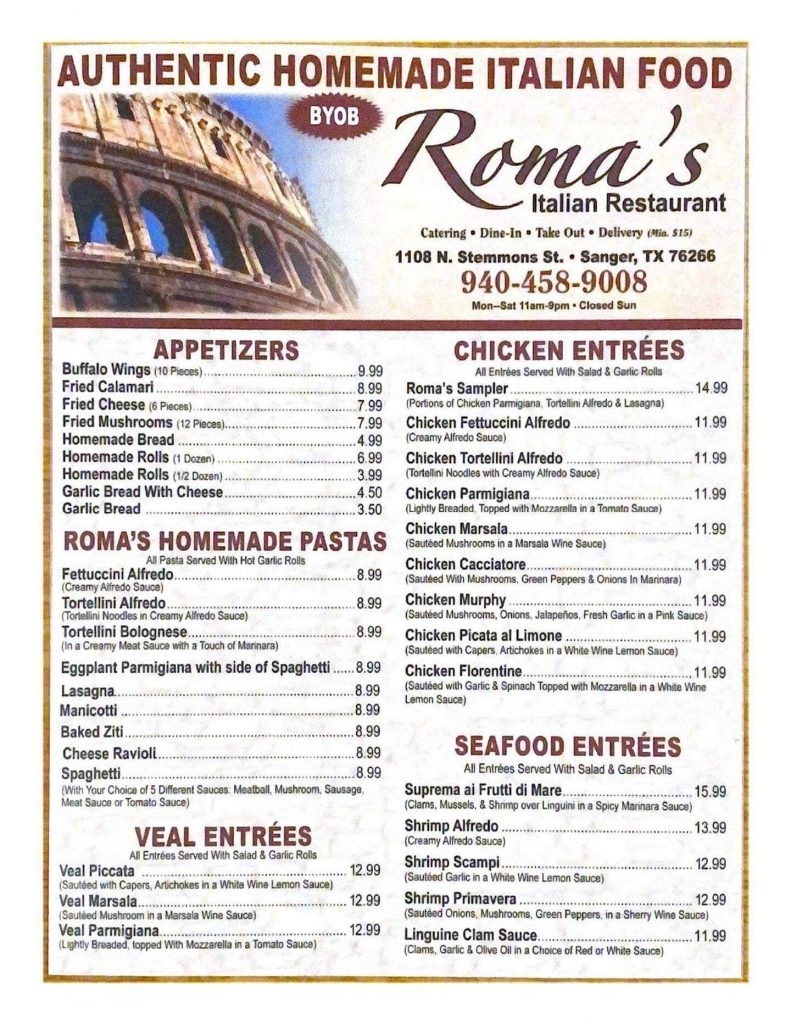 Roma S Italian Menu Sanger TX Roma S Italian Restaurant   Romas AUTHENTIC HOMEMADE ITALIAN FOOD Img 791x1024 